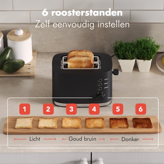 Grille-pain KitchenBrothers - Grille-pain - 6 niveaux de chaleur - Fentes Extra larges - 870 W - Zwart