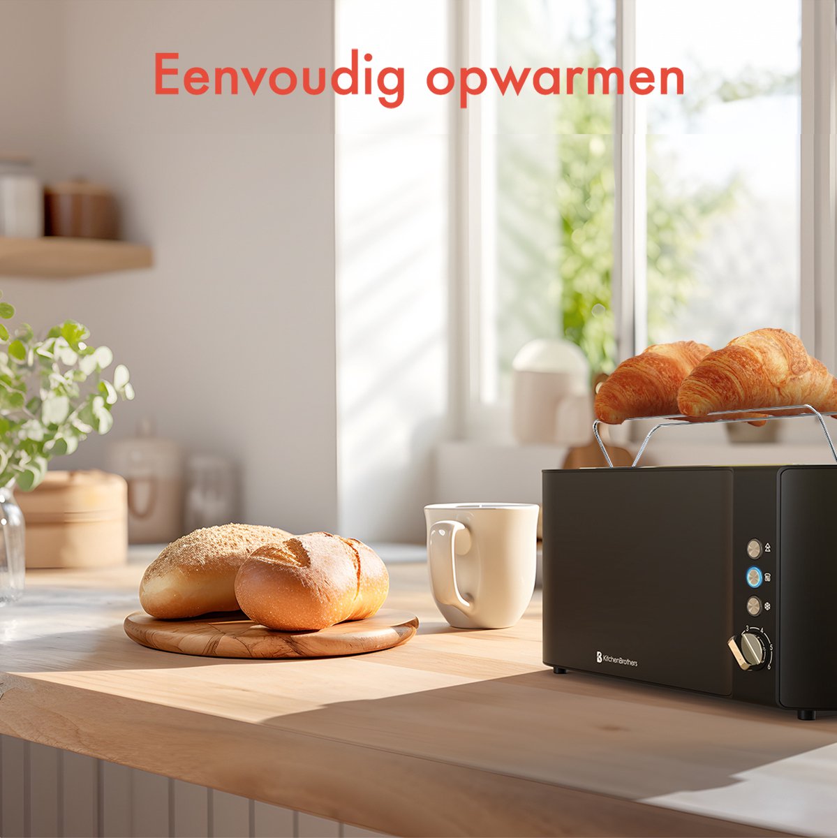 KitchenBrothers Broodrooster - Toaster - 6 Warmteniveaus - 2 Extra Lange Sleuven - BPA-vrij - 1520W - Zwart thumbnail 3