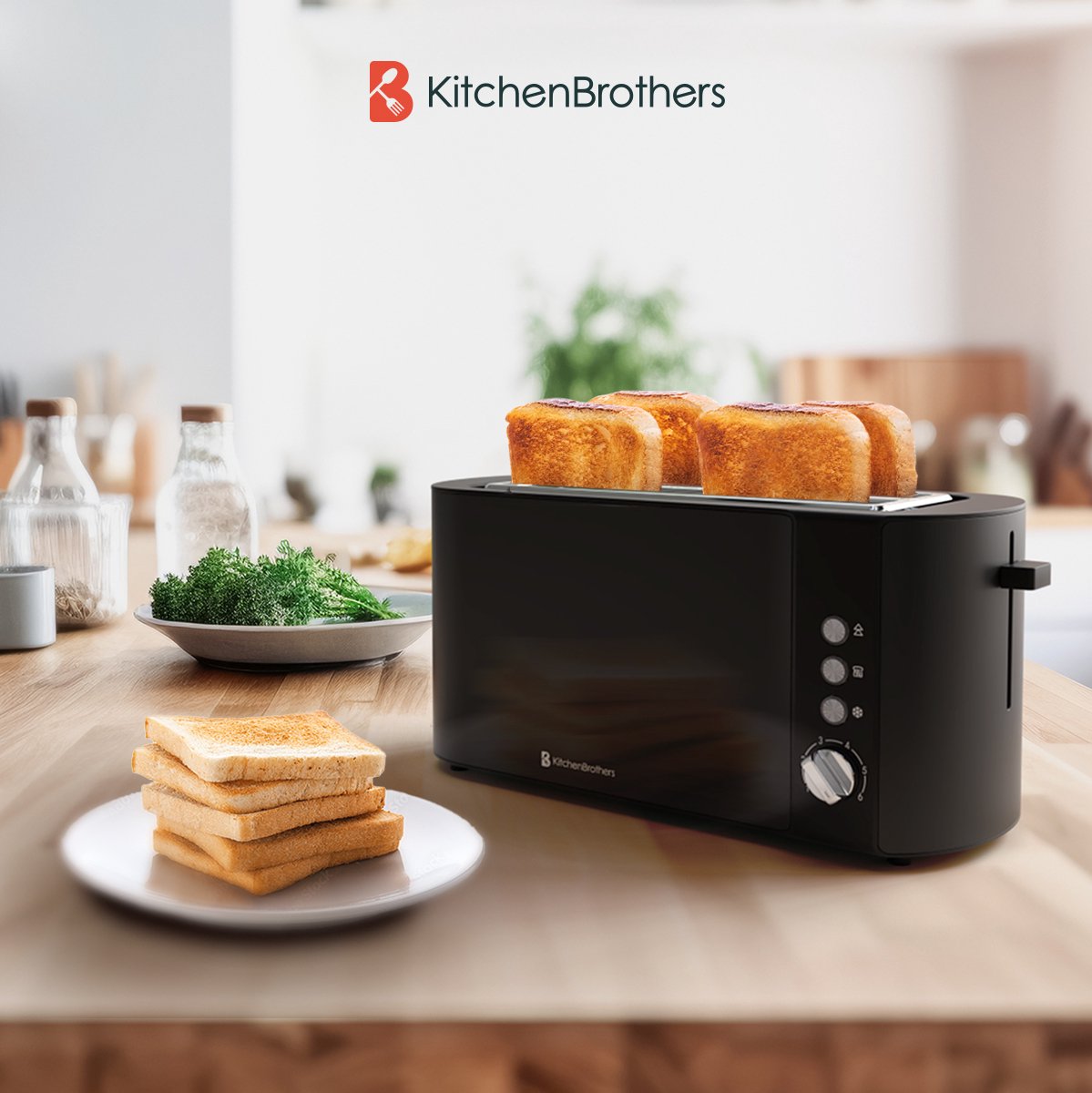 KitchenBrothers Broodrooster - Toaster - 6 Warmteniveaus - 2 Extra Lange Sleuven - BPA-vrij - 1520W - Zwart thumbnail 2