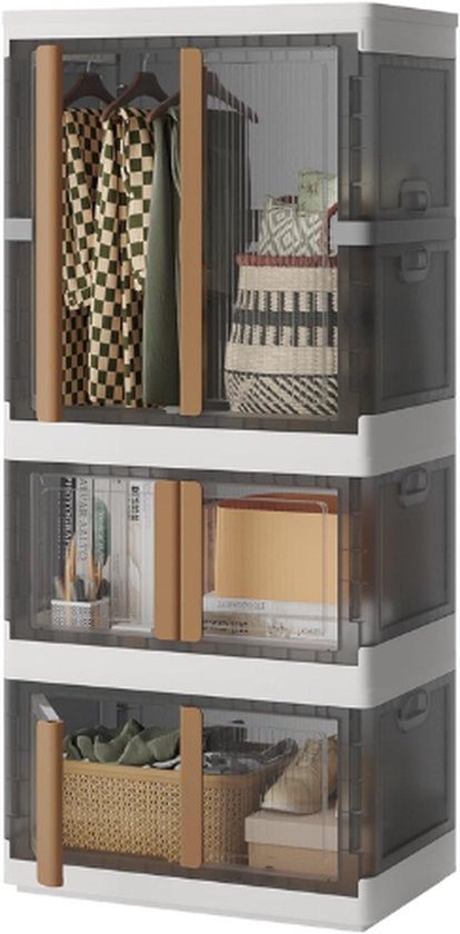 GOPLUS Opbergdoos met deksel, stapelbare opbergdozen met wielen en deuren, opbergkast van kunststof, kunststof box, stapelboxen, opbergdozen (62,5 x 34,5 x 100 cm, 3 niveaus