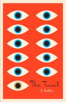 Boekkaft met tien gestileerde ogen op een rode achtergrond. Titel "The Trial" en auteur "F. Kafka" onderaan.