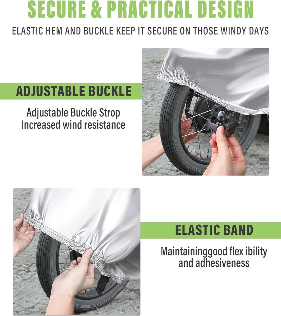 Motorhoes Waterdicht Buiten - 1 stuk - Universeel Motor en Scooter Hoes - 265 x 105 x 125 cm - XXXL - zwart - zilver - motorfiets hoes - regendicht - bescherming tegen de zon - stofdicht -motorfiets regenjas – foto 3