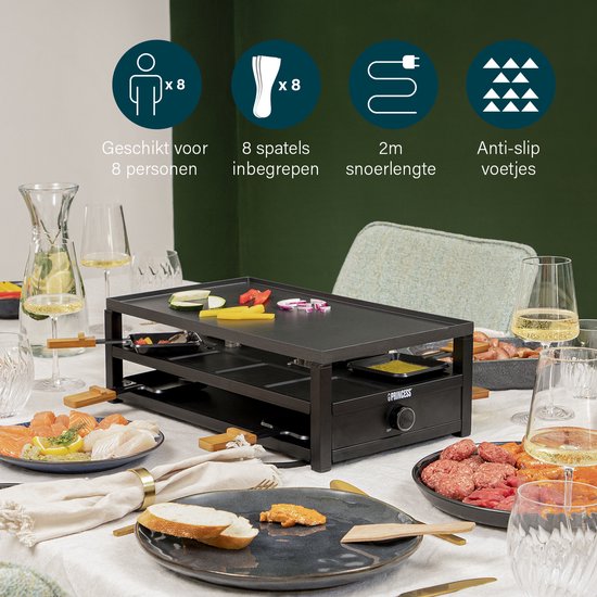 Princess Gourmetstel 162655 - Black Steel Raclette - Grill & Bakplaat - 8 personen - Groot 44 x 25cm - Zwart met bamboe - Regelbare thermostaat - 1300W - 1,5 meter snoer - 8 pannetjes — afbeelding 2