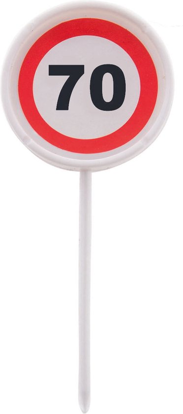 Pic à cocktail avec panneau de signalisation rouge et blanc portant le chiffre 70.