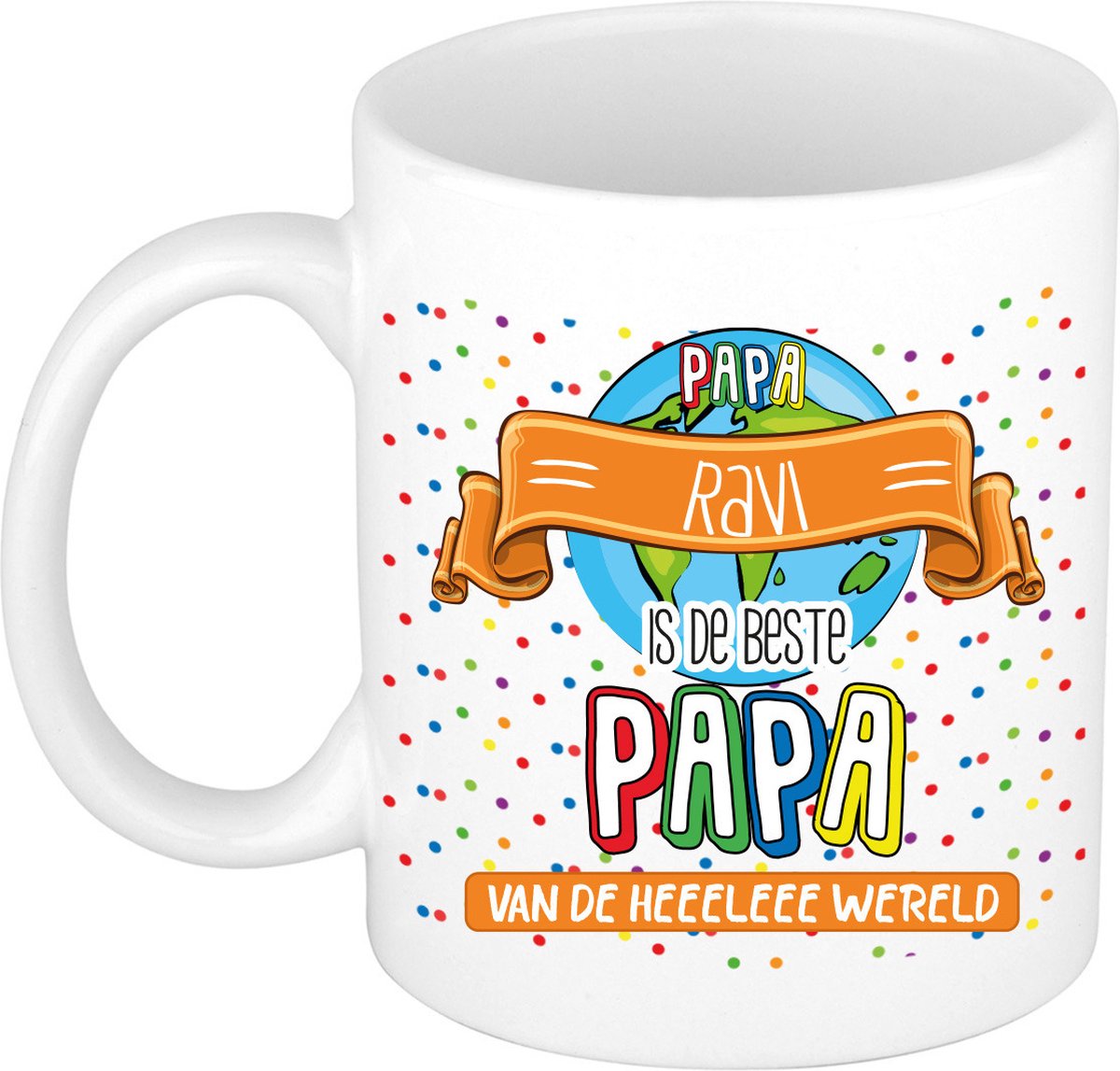 Bellatio Decorations Naam mok papa Ravi - wit - de beste - keramiek - 300 ml - Vaderdag - cadeau