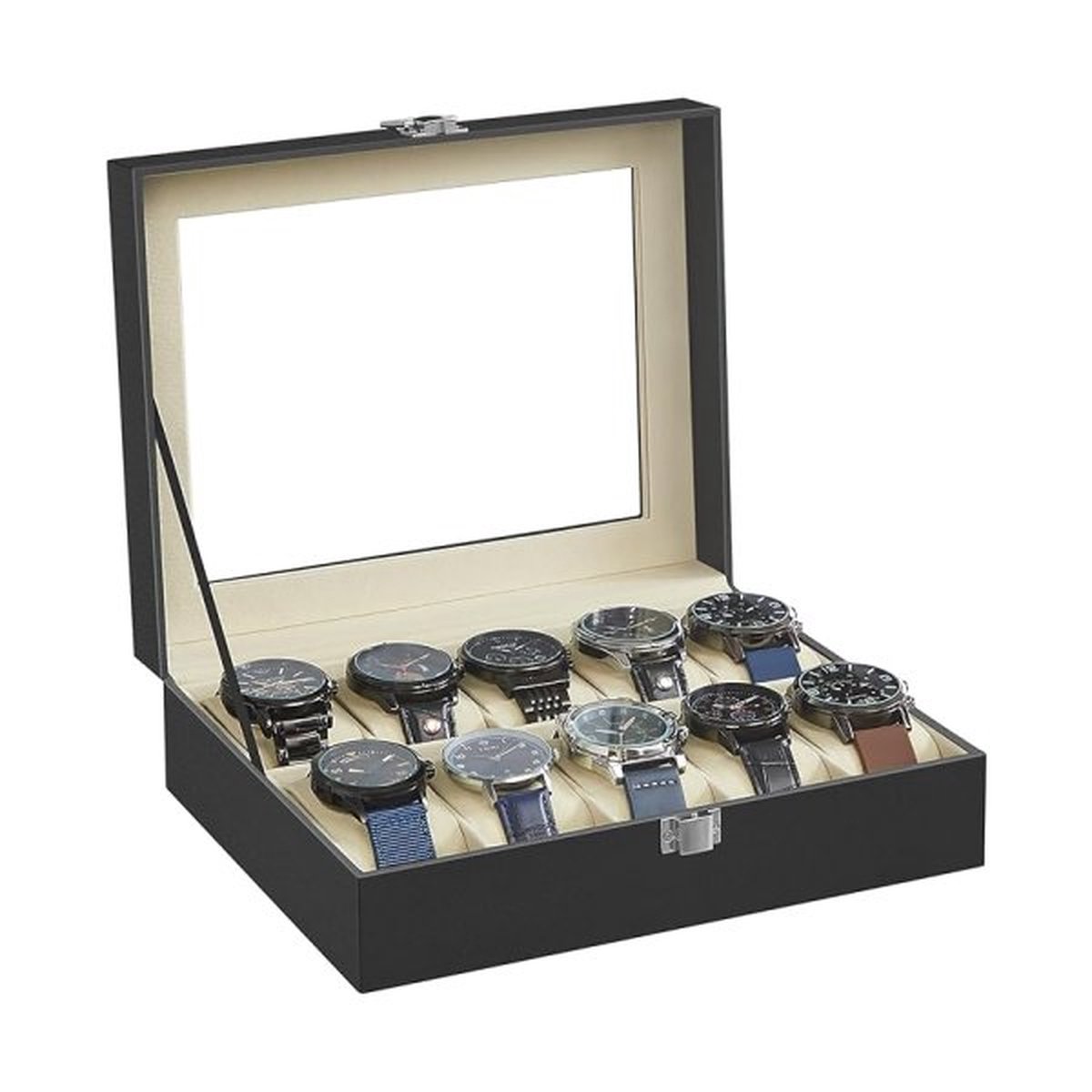 Bekijk doos met 10 slots, horloge met glazen deksel, horloge -displaybox met verwijderbare horlogekussens, metalen gesp, cadeau -idee, zwart synthetisch leer, groenachtig beige voering