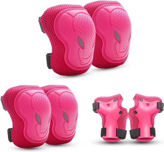 Set van roze knie- en elleboogbeschermers met een gevormde ABS-schaal en verstelbare bandjes, met daarop een paar polsbeschermers.