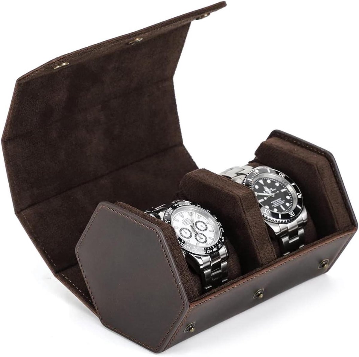 Echt leren zeshoekige horlogedoos voor op reis - 2 horloges koker - horloges opbergdoos - horloges organizer