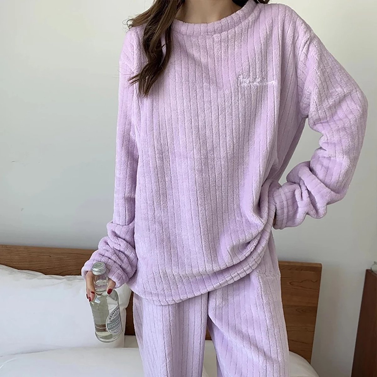Langarm Fleece Pyjama Set – Revers, Kuschelig Warm – Für Damen, Winter