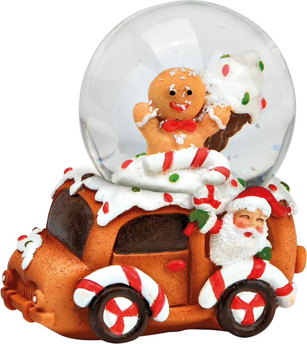 Kleine sneeuwbol kerst peperkoekfiguur op auto met kerstman