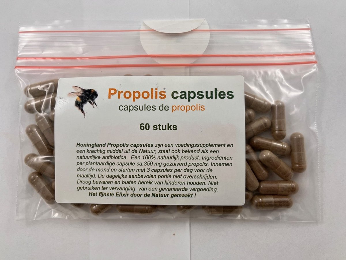 Goedkoopste Honingland Propolis capsules , capsules de Propolis 60 stuks. Voedingssupplement Complément alimentaire.