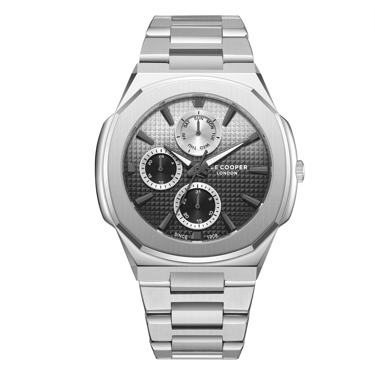 Lee Cooper LC08047.350 - Horloge - Polshorloge - Analoog - Mannen - Heren - stalen band - Overig (vorm) - Metaal - Strepen - Datumaanduiding - 12-24H - Zilverkleurig - Zwart - Wit