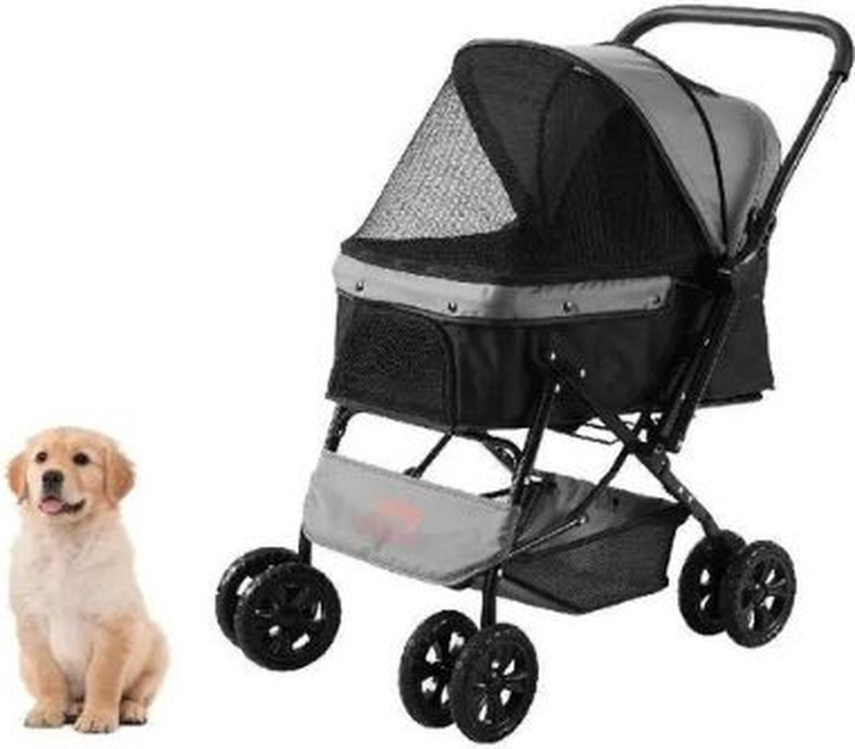 MensStore Hondenbuggy - Wandelwagen - Buggy - Inklapbaar - Inclusief Veiligheidsriem 4 Wielen - Voor Honden Tot 20kg - Zwart/Grijs