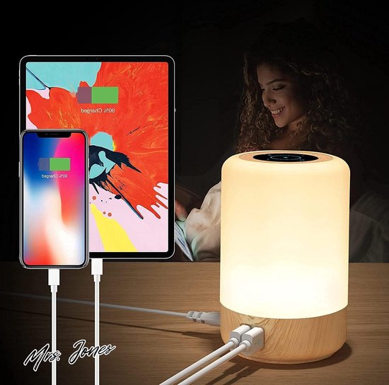 GOMETY Nachtlampje met houten basis, USB-nachtlamp, vintage, gestreept, 3 kleuren, bedlampje met lampenkap van PLA, 9 helderheidsniveaus, led, kleine tafellamp voor slaapkamer, woonkamer