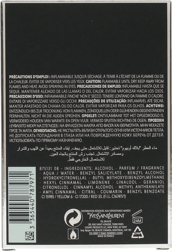 Achterkant van de YSL Black Opium doos met ingrediënten en waarschuwingen.