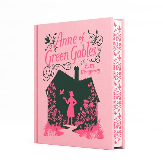 Roze boek met op de voorkant een donkergroene silhouette van een huis en een meisje, met de titel 'Anne of Green Gables' in roze letters.