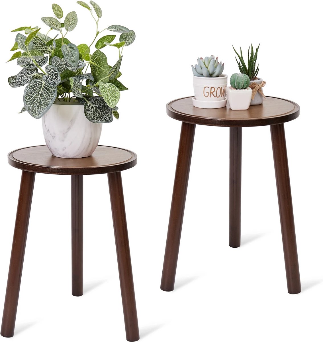 MensStore Bijzettafel Rond - Plantenstandaard - Plantentafel Rond - Set Van 2 - Massief Bamboe Hout - Donker Bruin - 30.5x42cm Chocolade