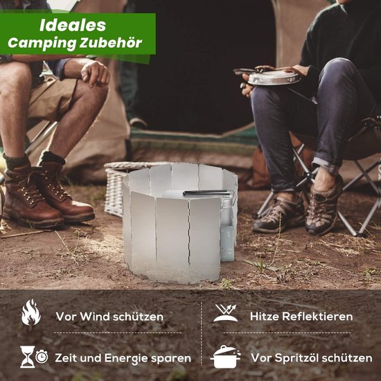 Kampeerders gebruiken een aluminium windscherm om de wind buiten te houden, hitte te reflecteren, tijd te besparen.