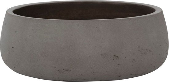 Grijze, ronde bloempot van Pottery Pots, 35 cm breed en 13 cm hoog.