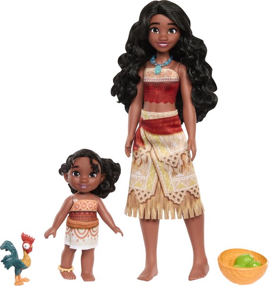 Moana en baby Moana poppen met Heihei en een schaal met groen fruit.