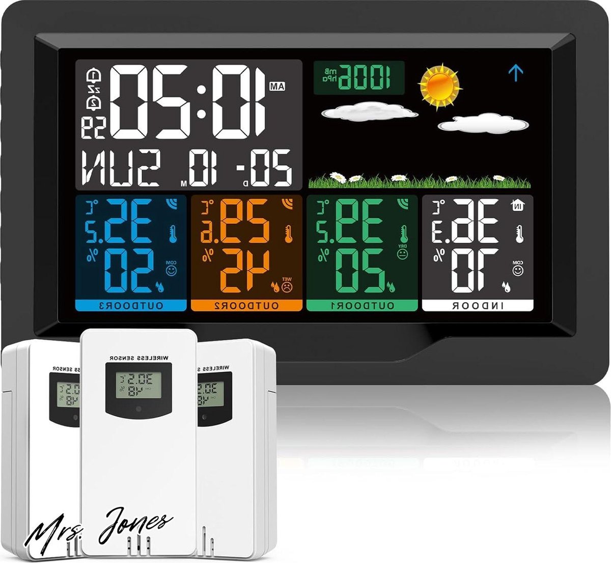 Mrs. Jones Draadloos Weerstation Sensor Multifunctioneel Wifi Weerstation 3 Buitensensoren Thermometer Hygrometer Digitale Wekker DCF-radioklok Thuis Kantoor Tuin Binnen Buiten .