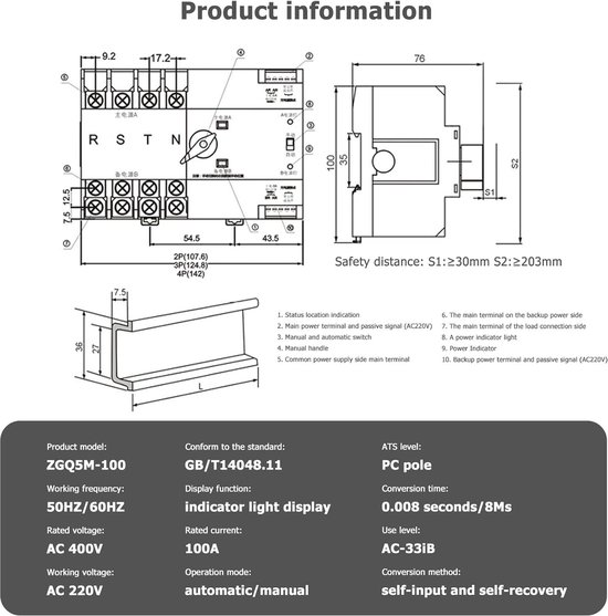 BuyWeek Automatische Transfer Schakelaar ZGQ5-100/2P 220 V Dual Power Ononderbroken Automatische Overdracht Schakelaar Huishoudelijke Stroomonderbreker