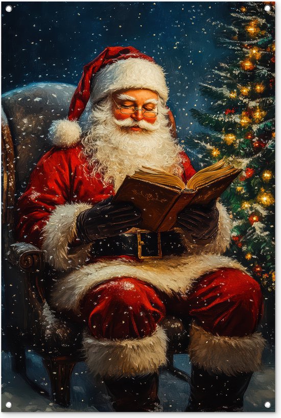 Tuinposter 80x120 cm - Tuindecoratie Kerstman - Kerst - Winter - Kerstboom - Poster voor in de tuin - Buiten decoratie - Schutting tuinschilderij - Tuindoek muurdecoratie - Wanddecoratie balkondoek - Kerstversiering - Kerstdecoratie