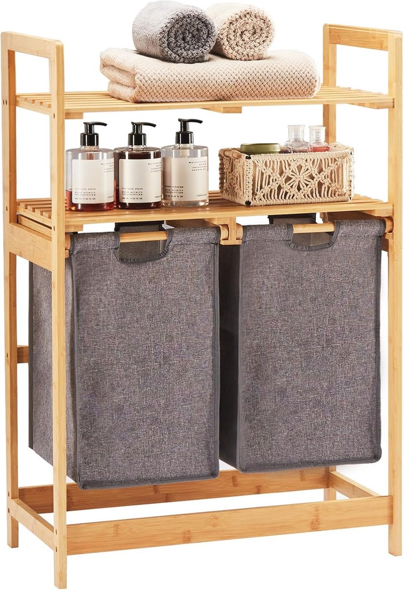 Goedkoopste Bamboe Wasmand met Uittrekbare Waszakken - 2 Planken voor Slaapkamer, Badkamer en Waskeuken - 93 x 64 x 33 cm