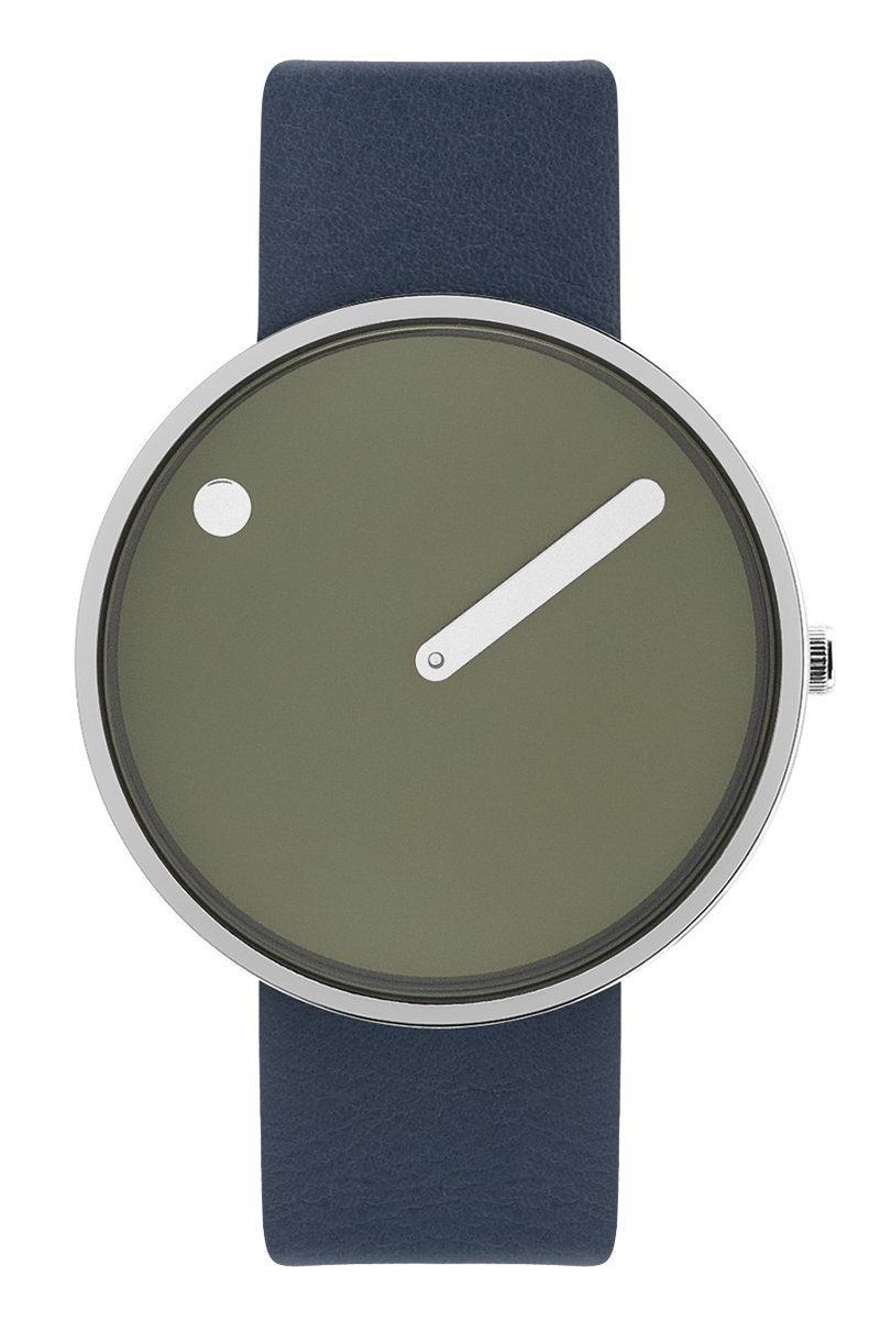 Picto Design Horloge Olijfgroene Wijzerplaat, Donkerblauw Lederen Horlogeband 43396-6720S - Uniseks - 40mm