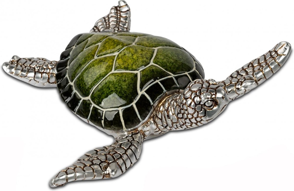 Schildpad - Decoratie - Groen - Zilver - Beeld - 13x14x5cm - Polyserin