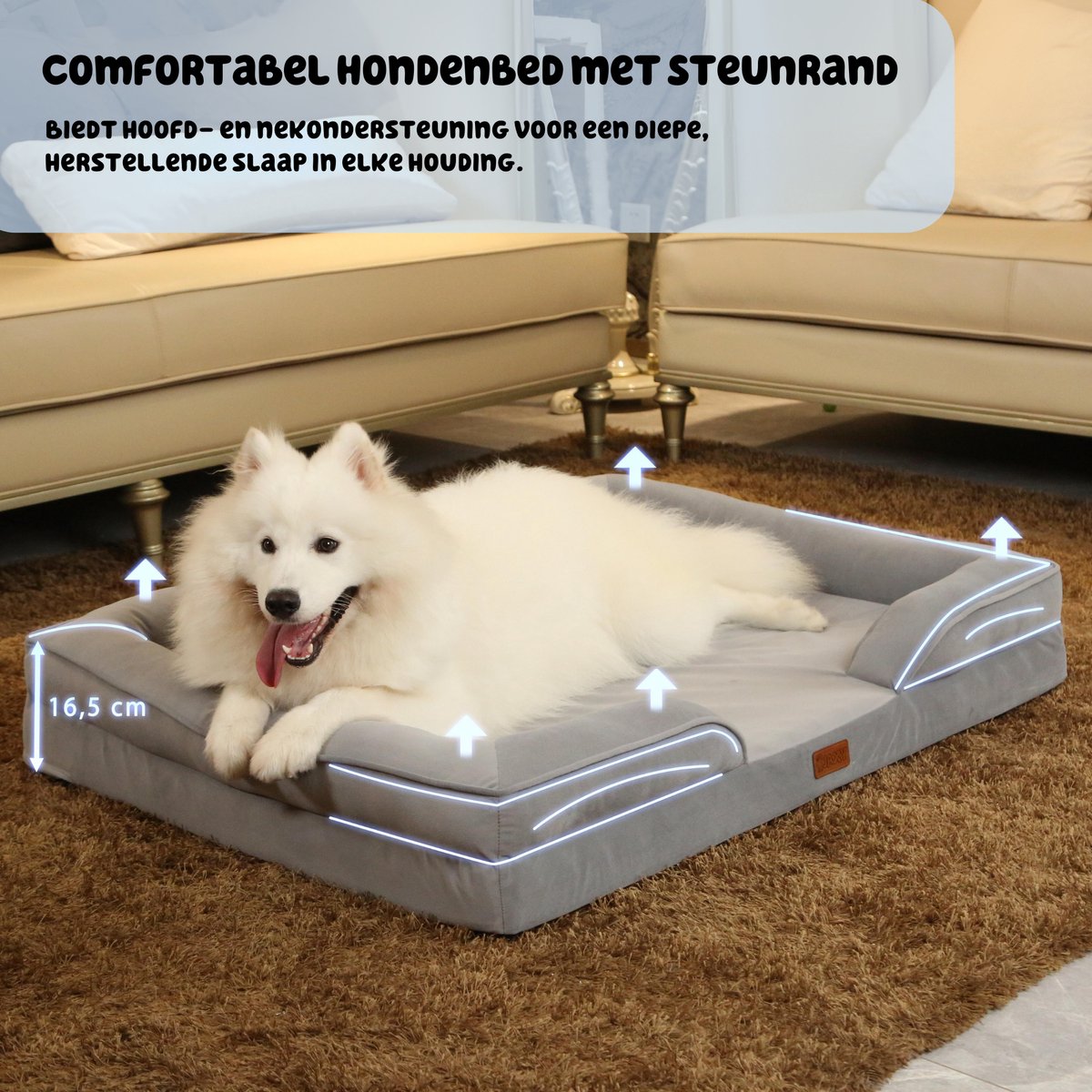 JAXY - Orthopedisch Hondenbed - Hondenmand - Hondensofa - Anti-Slip en Wasbaar - 107 x 81 x 16,5 - XL - Grijs thumbnail 4