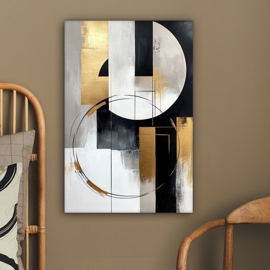 Canvas schilderij 60x90 cm - Wanddecoratie Abstract - Goud - Zilver - Vormen - Aesthetic - Muurdecoratie woonkamer - Slaapkamer decoratie - Kamer accessoires - Schilderijen op canvas