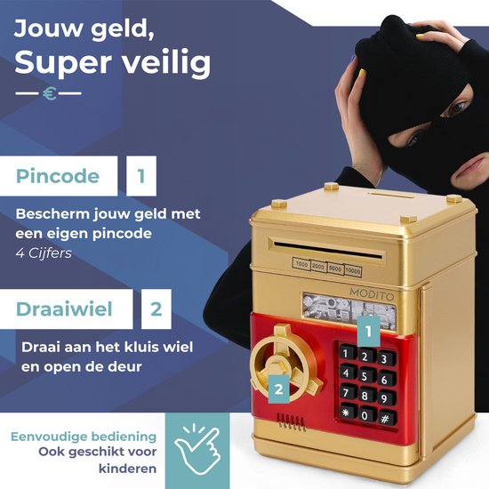 Gouden spaarkluis met rood keypad. Een dief probeert de kluis te openen.