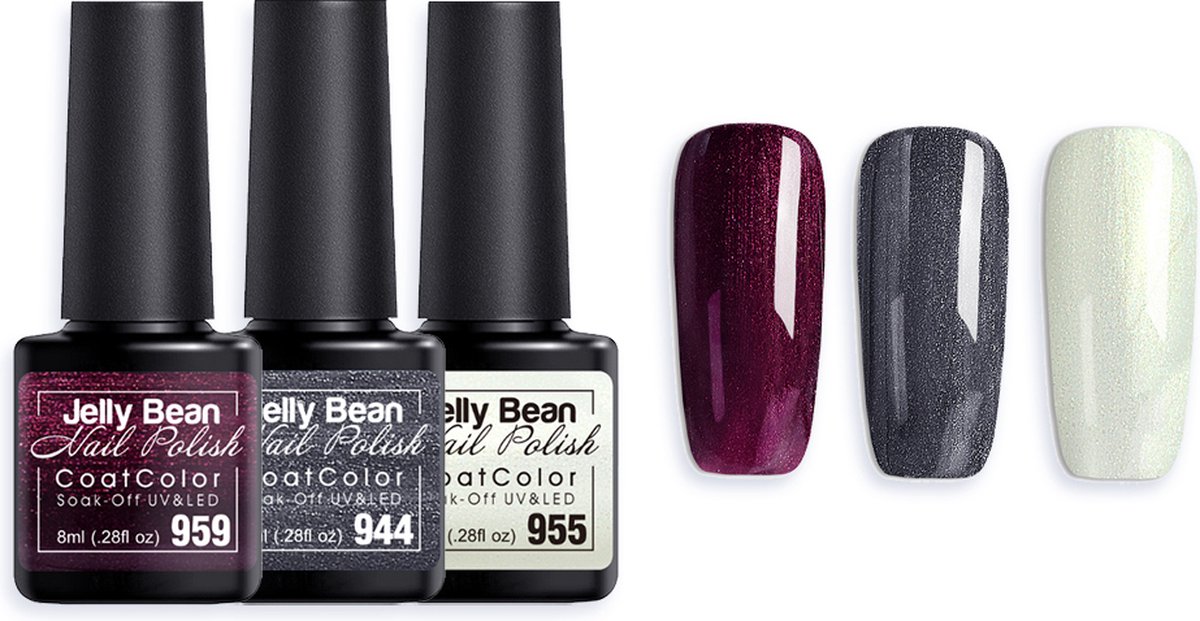 Goedkoopste Jelly Bean Nail Polish Gel Nagellak New - Three shades of Shimmer - Paars - Donkergrijs - Wit - UV Nagellak voordeelset 8ml