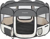 Dreamble® | Puppyren | Hondenren | Grijs | (B) 116 x (H) 66 cm | Opvouwbaar | Extra dik gaas - tegen scherpe nagels | 2 In-uitgangen met rits, oprolbaar | 3 pockets | 4 tentharingen en 4 lusjes | Gaasdak met rits | Draagtas met riem | Pop-up systeem