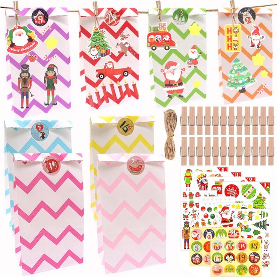 24 Paquets De Sacs En Papier Marron 13 X 24 X 8 Cm, Sacs Cadeaux De Haute Qualite Avec Autocollants Pour Calendrier De L Avent