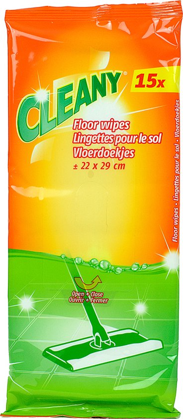 Cleany 15x vloerdoekjes, 22 x 29 cm, in oranje en groene verpakking.