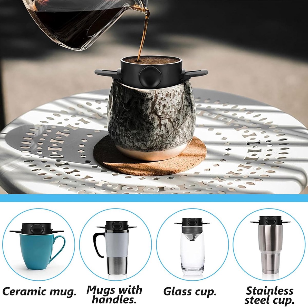 Koffiefilter - Koffiefilterhouder - Rvs Koffiefilter - Herbruikbaar - Koffie Dripper - Papierloos Giet Over Koffiedruppelaar - Geschikt Voor Handmatige Bereiding Van Permanente Koffie - Geschikt Voor Thuiskantoor, Reizen, Kamperen - Zwart - 1 Stuk — cadeau in Kookcadeaus - foto 4
