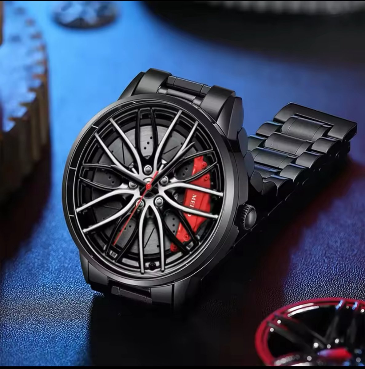 WielWatch - Horloge Porsche-Brembo - Sportauto - Horloges met stalen band- Herenmode - Velghorloge - Cadeau mannen - Autovelg - Draaiend - Autoliefhebber - horloge jongens