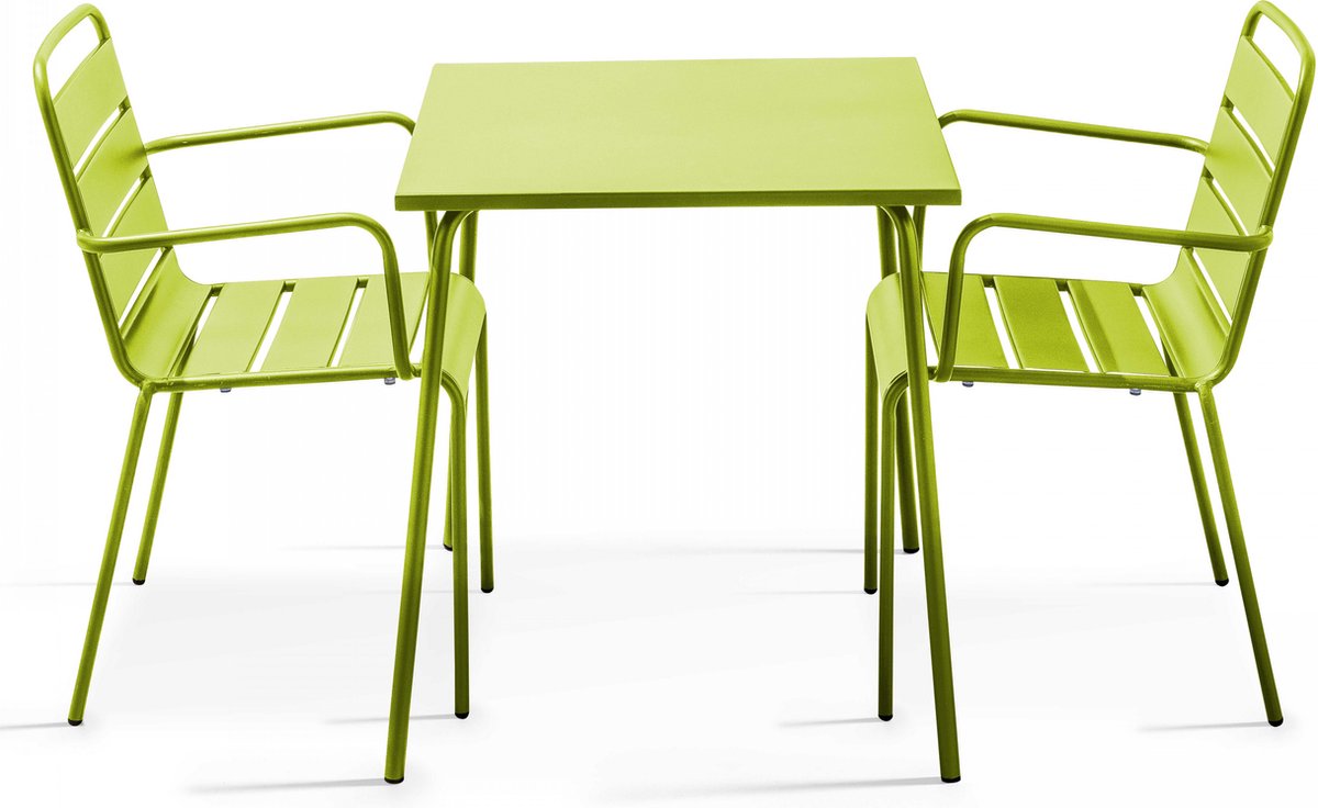 Oviala - Set van een vierkante tuin tafel en 2 groene stalen fauteuils - Palavas