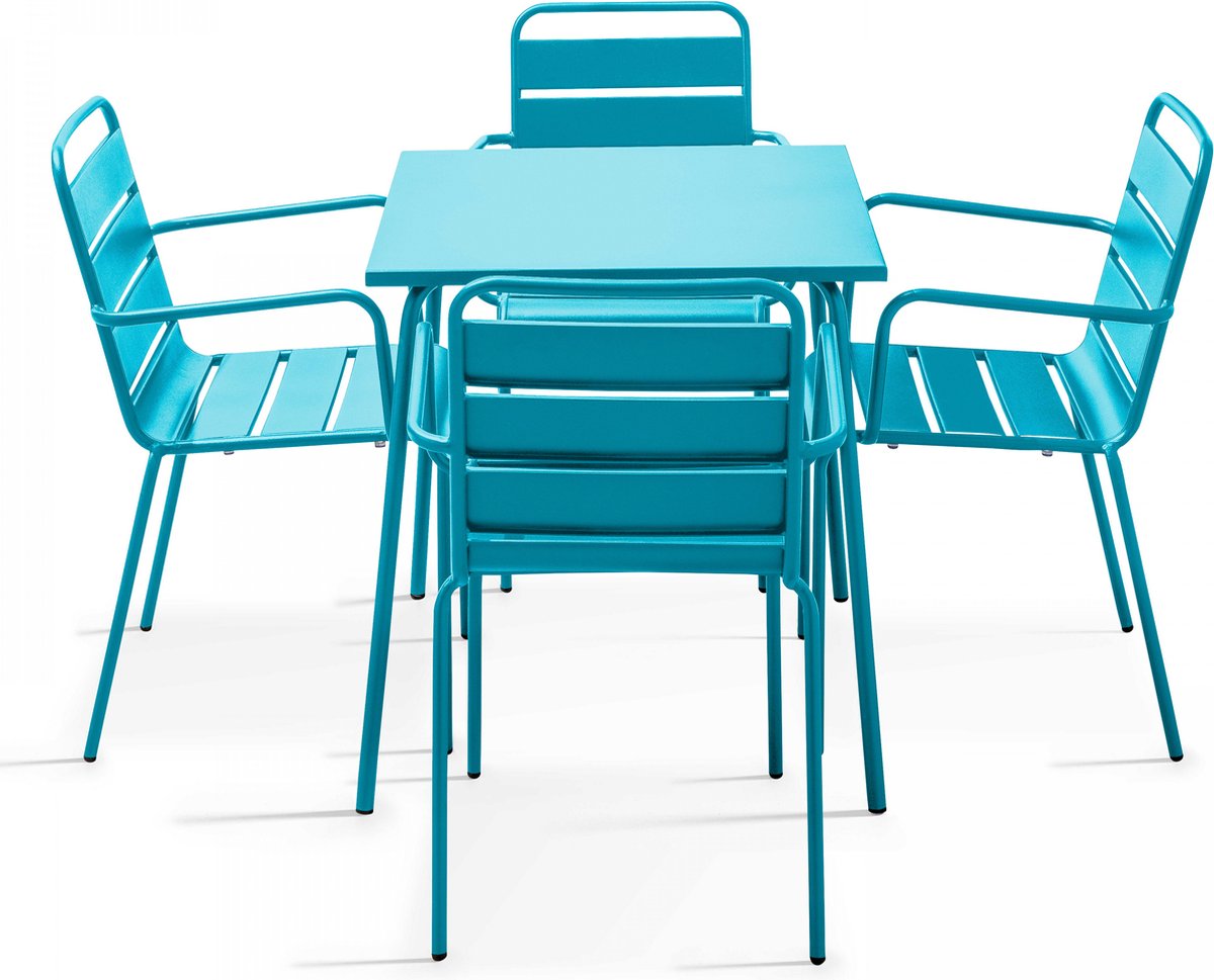 Tuinset met vierkante tafel en 4 blauwe stalen fauteuils - Palavas.
