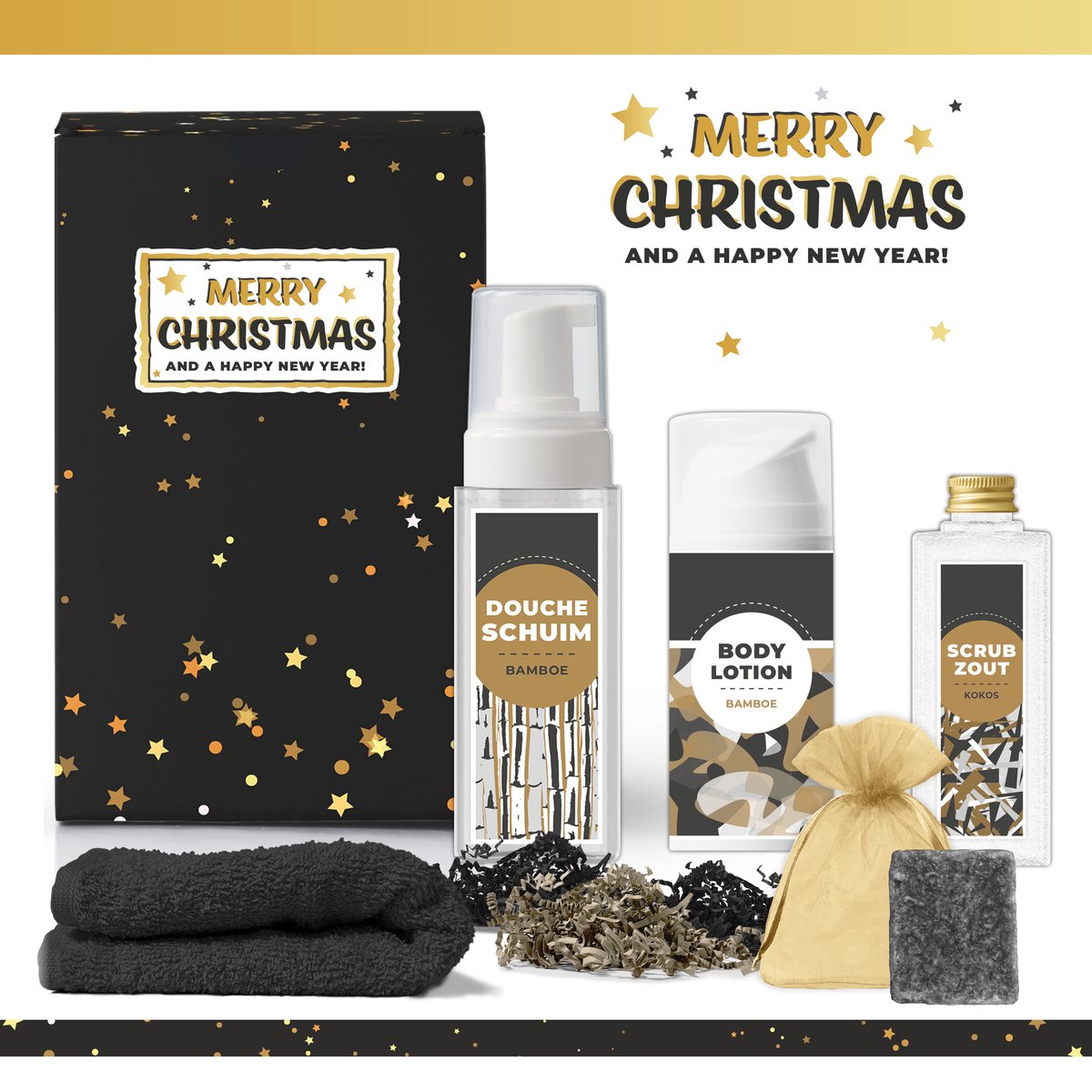 Geschenkset “Merry Christmas and a happy new year!” - 5 producten - 530 gram - Triomf Cosmetica | Giftset voor Hem Luxe cadeaubox Kerst Wellness Cadeaupakket Prettige Kerstdagen Cadeau Man Gift Collega Werknemer Kerstpakket Kerstcadeau Geschenk Goud
