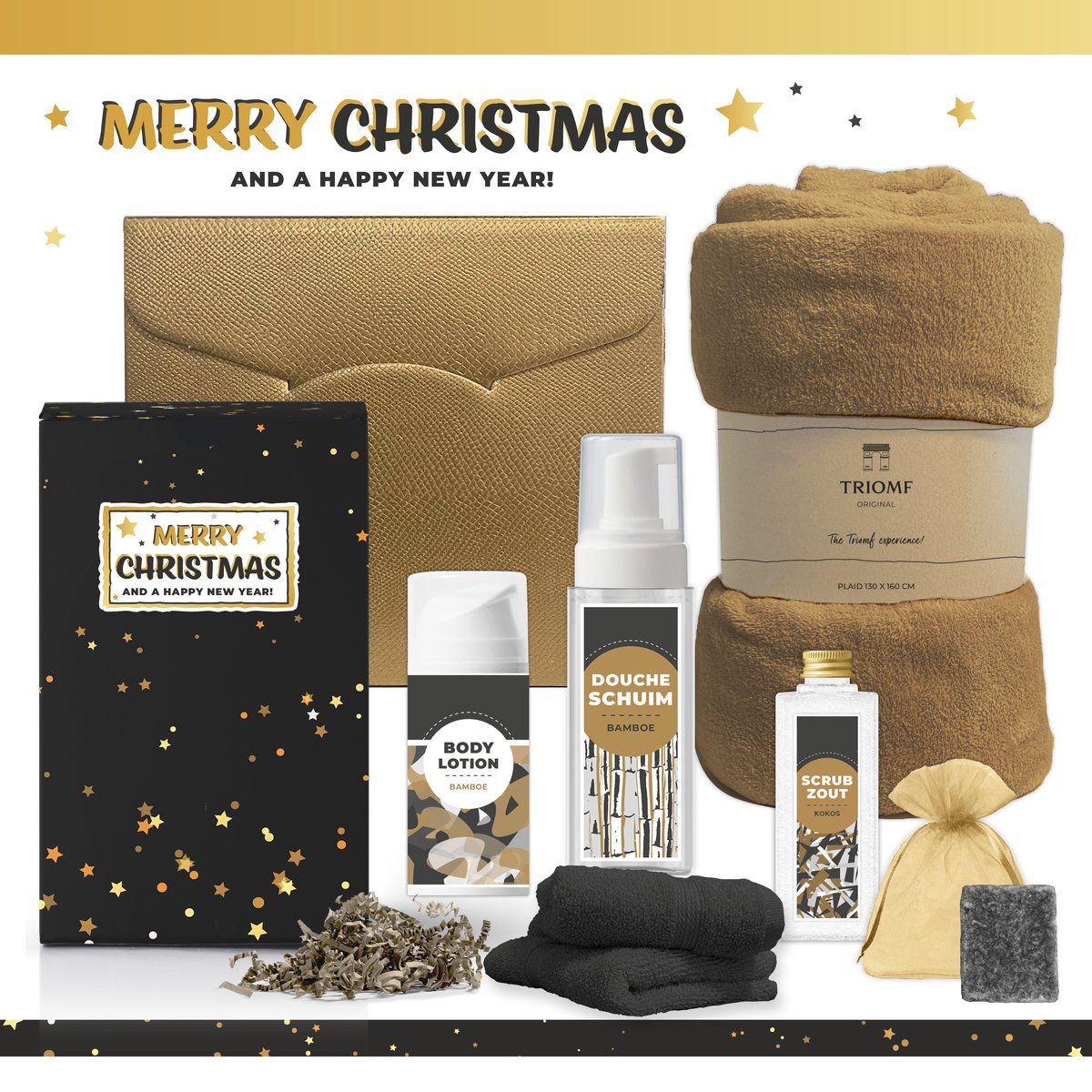 Geschenkset “Merry Christmas and a happy new year!” - 7 producten - 1450 gram - Triomf Cosmetica | Giftset voor Hem Luxe cadeaubox Kerst Wellness Giftset Man Cadeaupakket Prettige Kerstdagen Kerstpakket Cadeau Kerstcadeau Geschenk Gift Set Goud Zwart