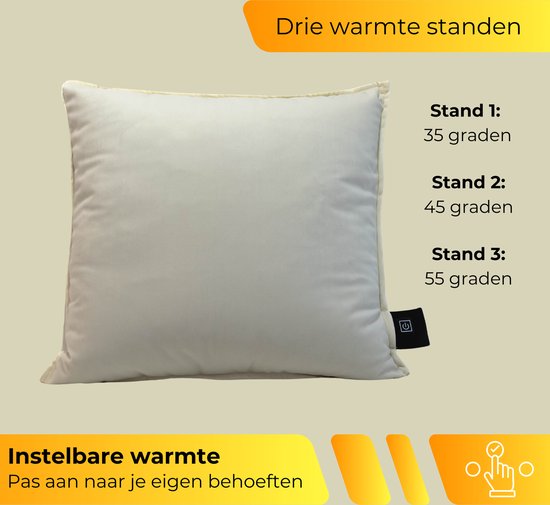Crèmekleurig verwarmingskussen met tekst over drie warmtestanden: 35, 45 en 55 graden. Tekst: 'Drie warmte standen', 'Instelbare warmte', 'Pas aan naar je eigen behoeften'.