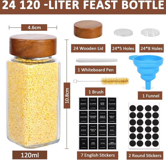 FRIBERG Vierkante kruidenpot van glas, 120 ml, met houten deksel, 24
