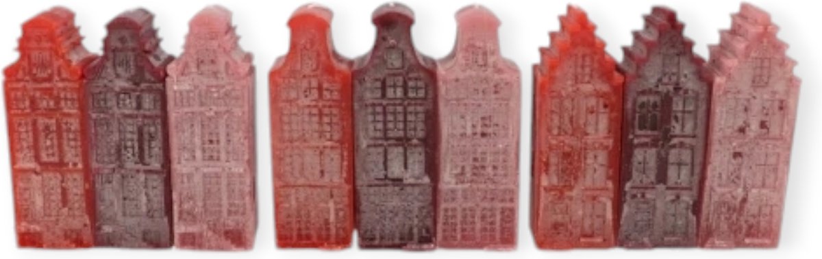 Daan Kromhout - Kaarsen - Set/3 - Hollandse huisjes - Canal houses - Rood tinten - Grachtenpandjes - 6x16cm