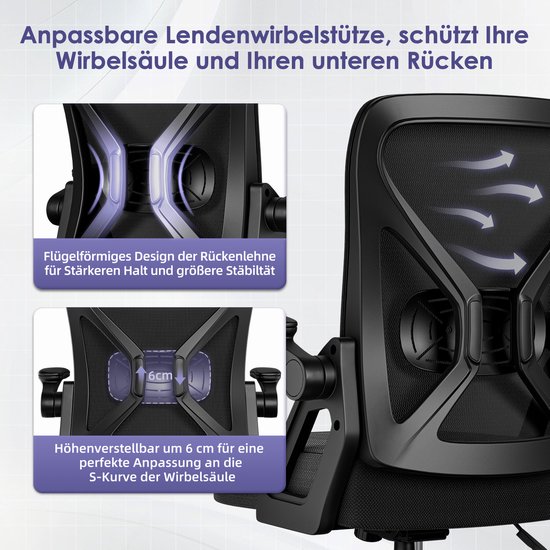 Hiaonyx Bureaustoel-Ergonomische bureaustoel-bureaustoelen voor volwassenen-Opklapbare armleuningen-Lendensteun-Verdikt en verbreed zitkussen-Zwart