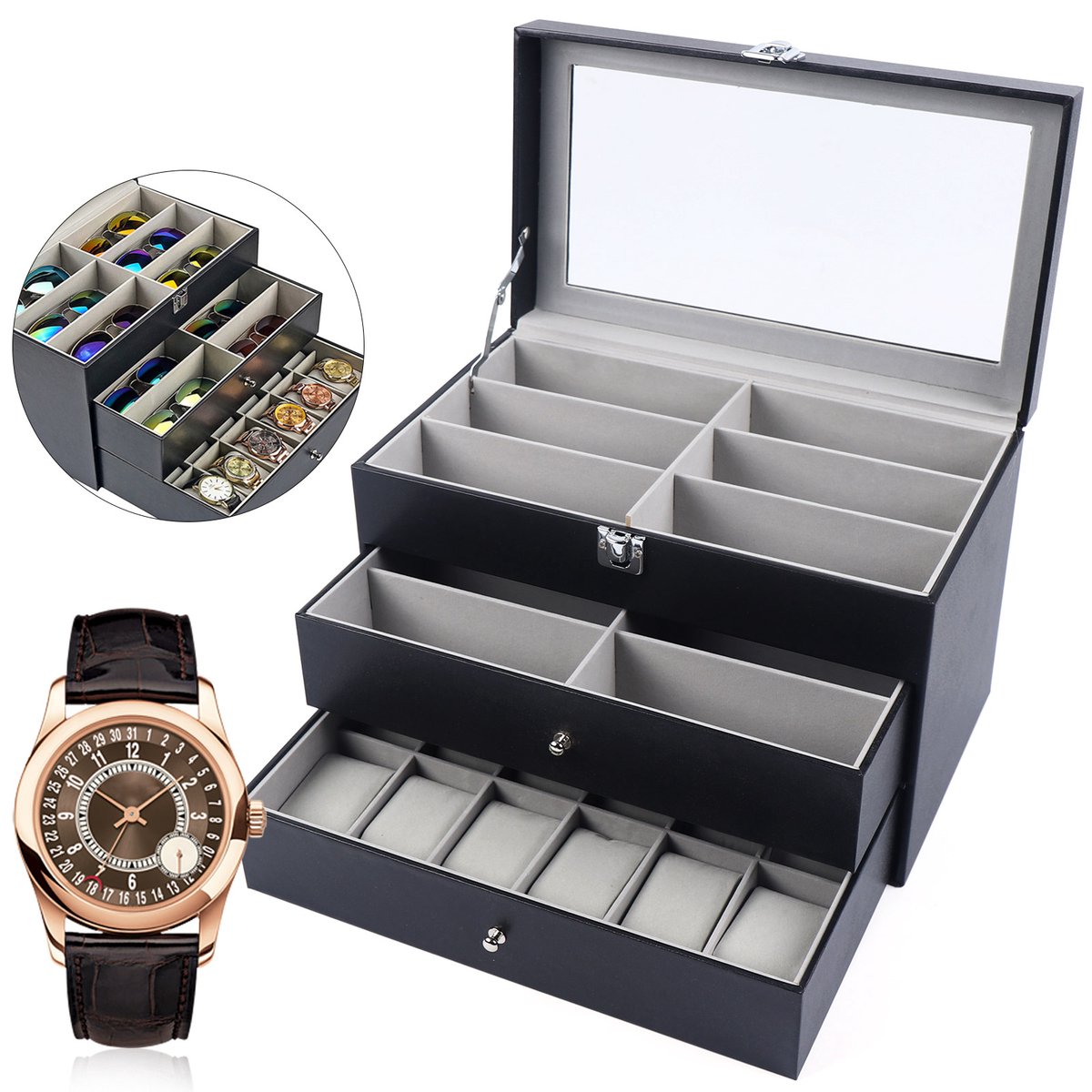 Ariqo Luxe Sieradendoos - Brillendoos - Brillen Opbergbox - Glazen Vitrine - 3 Niveaus - 24 Compartimenten - Leer