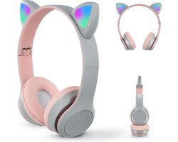 StayPowered Kinderhoofdtelefoon - Perfect voor Muziek en Gaming - LED Kattenoren - Draadloos - Verstelbaar en Opvouwbaar - Zachte Oorkussens - Ingebouwde Microfoon - Geschikt voor Kinderen - Grijs/Roze - Levering Sneller dan Aangegeven!