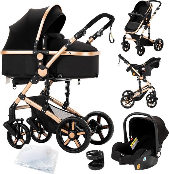 3 In 1 Kinderwagen - Luxe Buggy - Wandelwagen - Babywagen - Inclusief Maxi Cosi - Baby Stroller - Baby Autostoel - Inclusief Accessoires - Zwart / Goud - 42x45x103 cm.